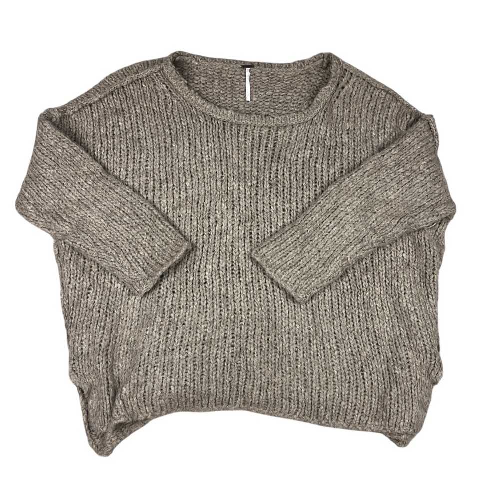 Free People Sweater Womens XS Brown Tan Chunky Knit Relaxed Crew Neck 3/4 Sleeve - Picture 2 of 9